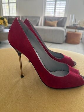 Sergio Rossi Red Suede Peep-Toe Pumps with Gold Stiletto Heel